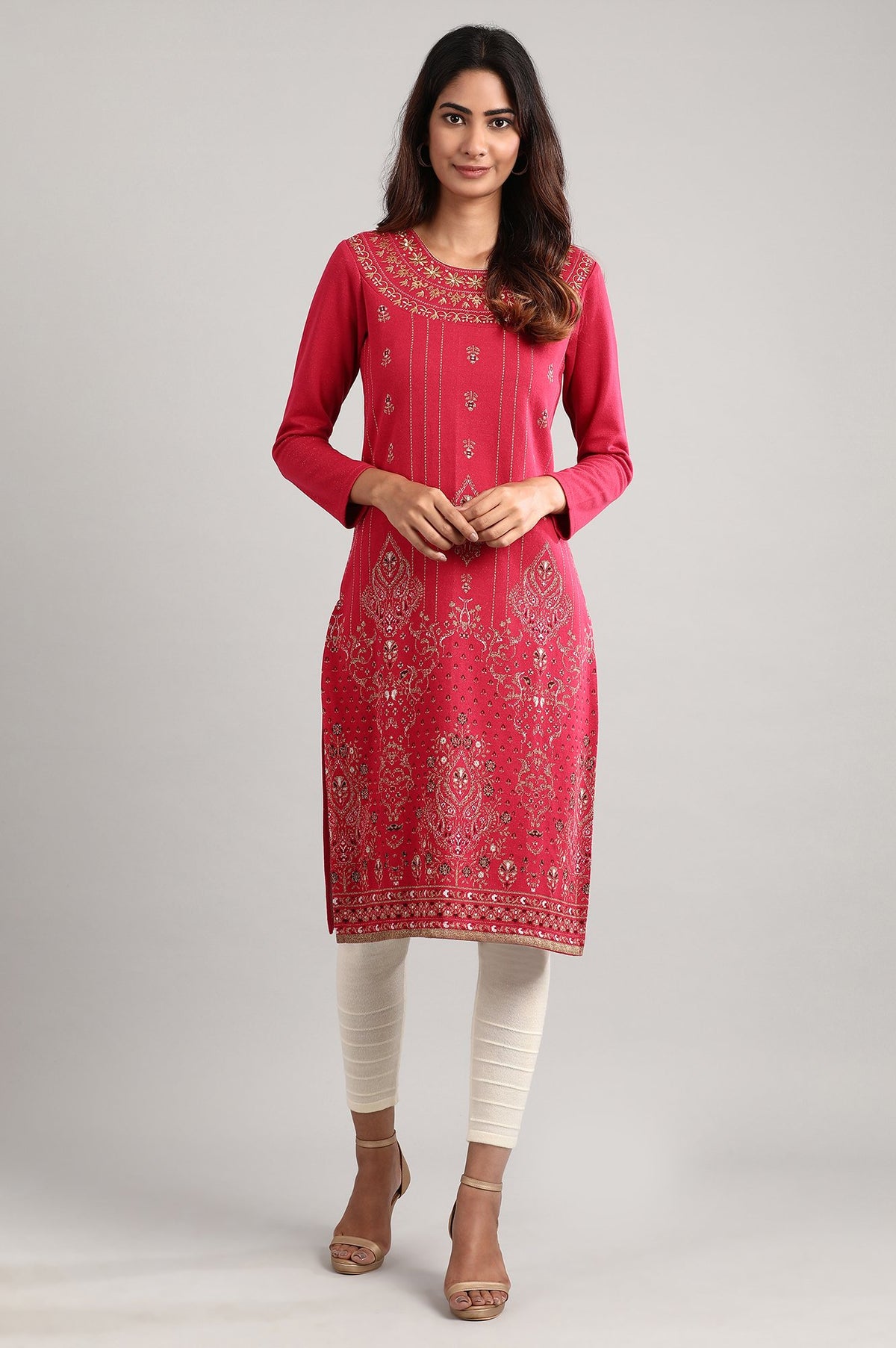 Red Round Neck Winter kurta - XS