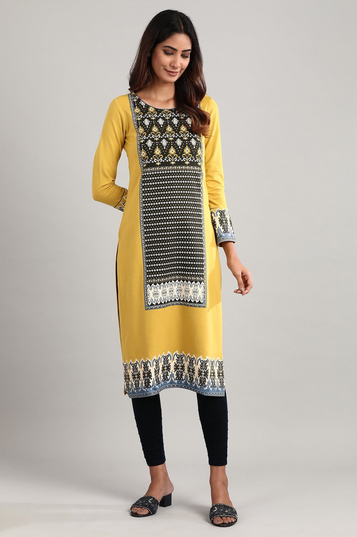 Yellow Round Neck Winter kurta - XS