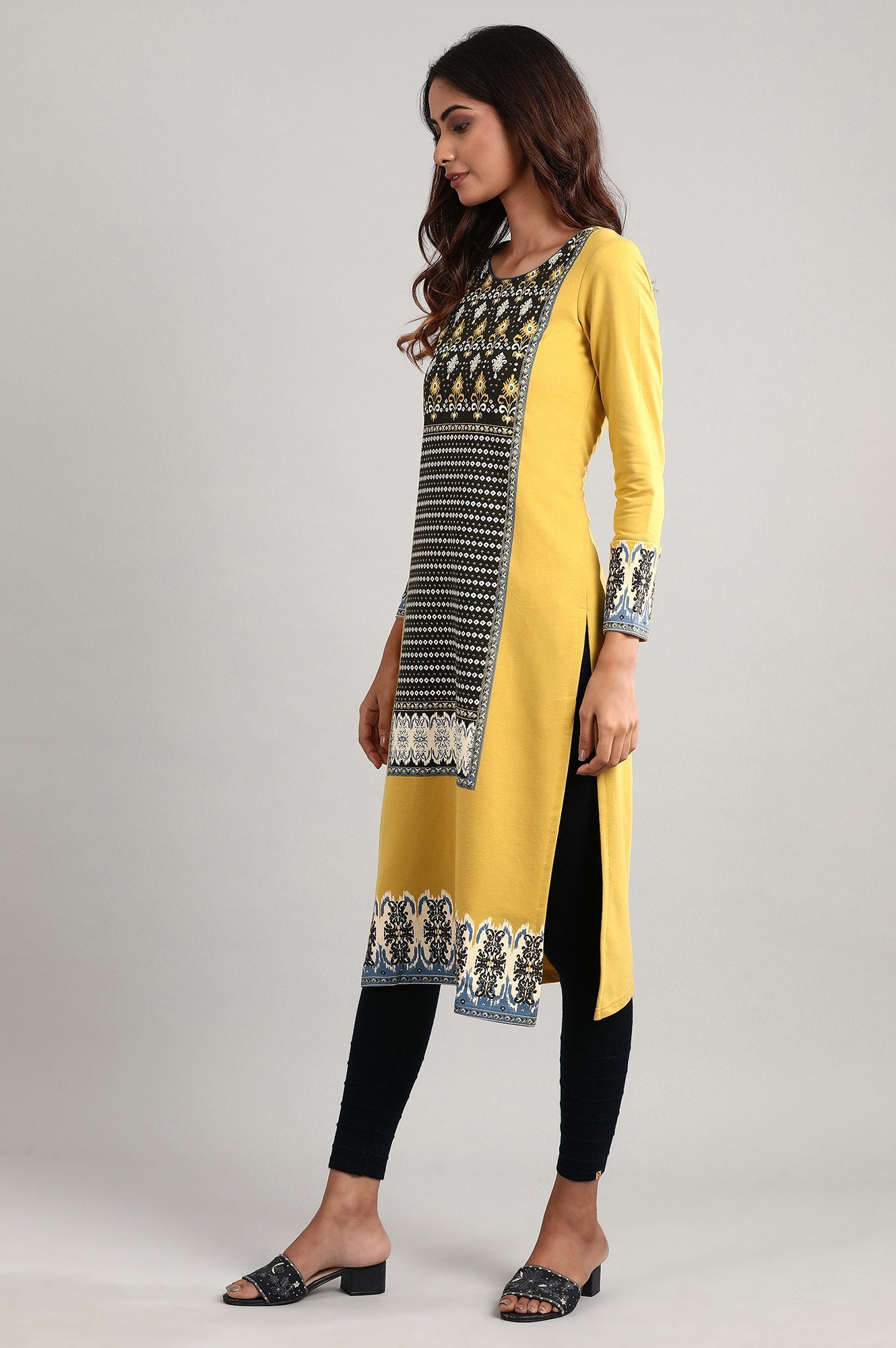 Yellow Round Neck Winter kurta