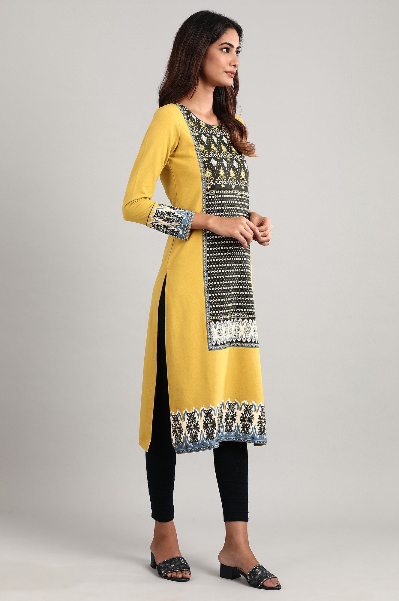 Yellow Round Neck Winter kurta