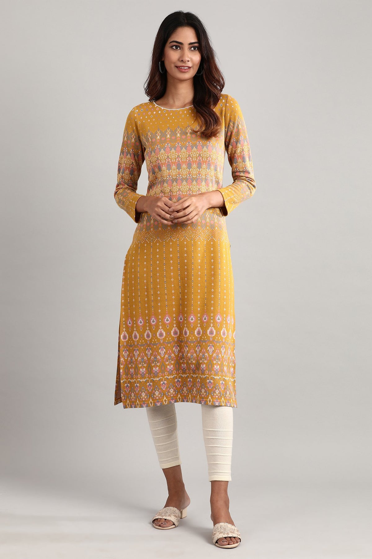Yellow Boat Neck Winter kurta - XS