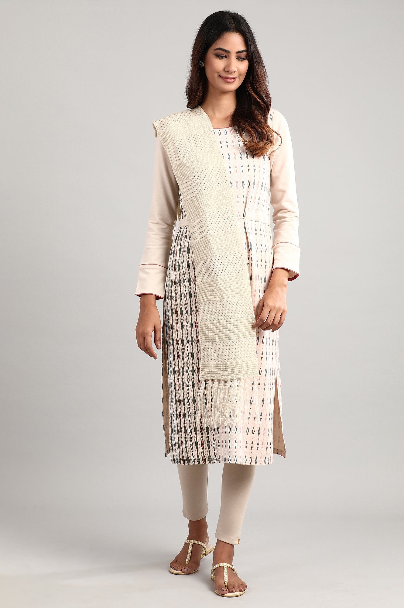 Beige Round Neck Winter kurta