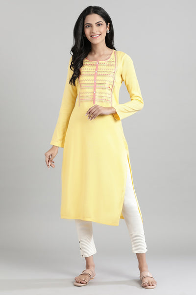 Yellow Round Neck Winter kurta