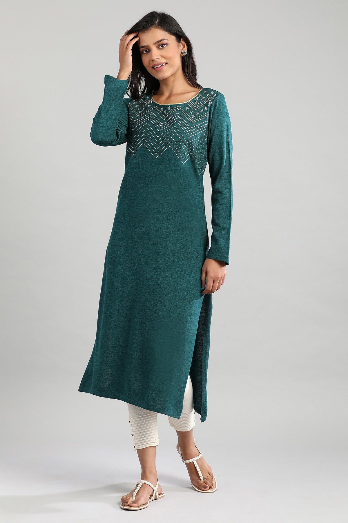 Green Round Neck Winter kurta - XS