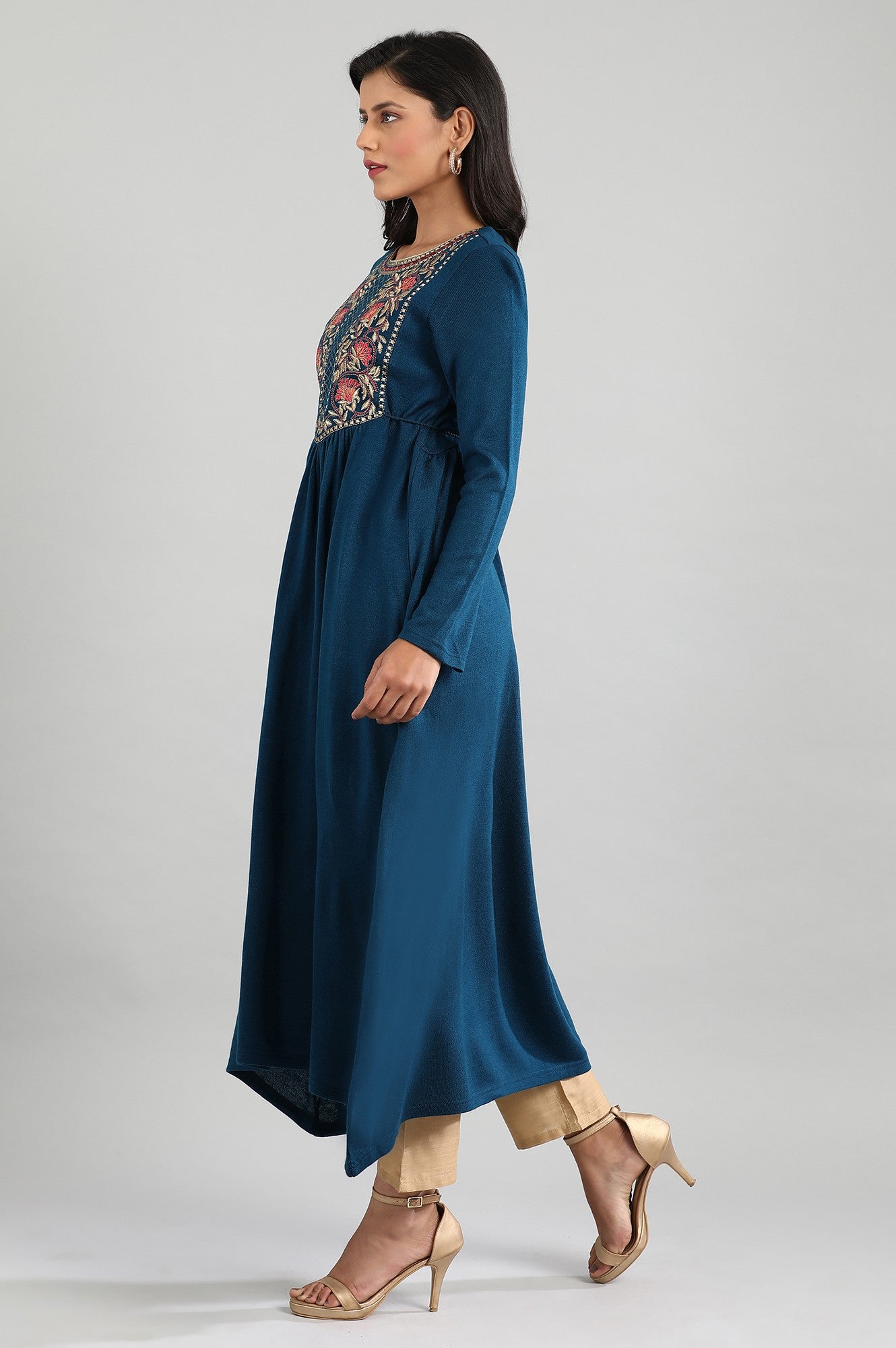 Teal Round Neck Winter kurta