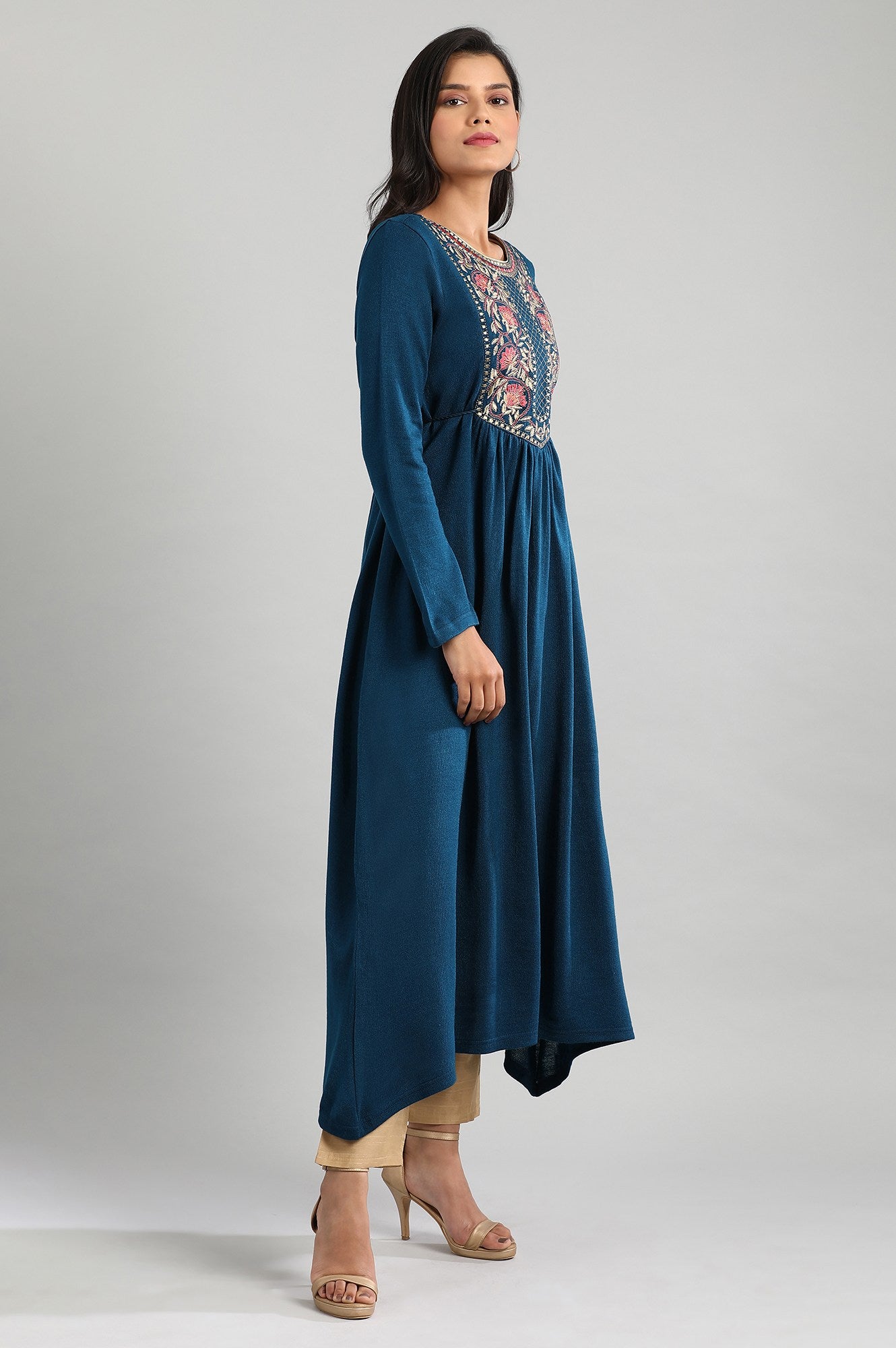 Teal Round Neck Winter kurta