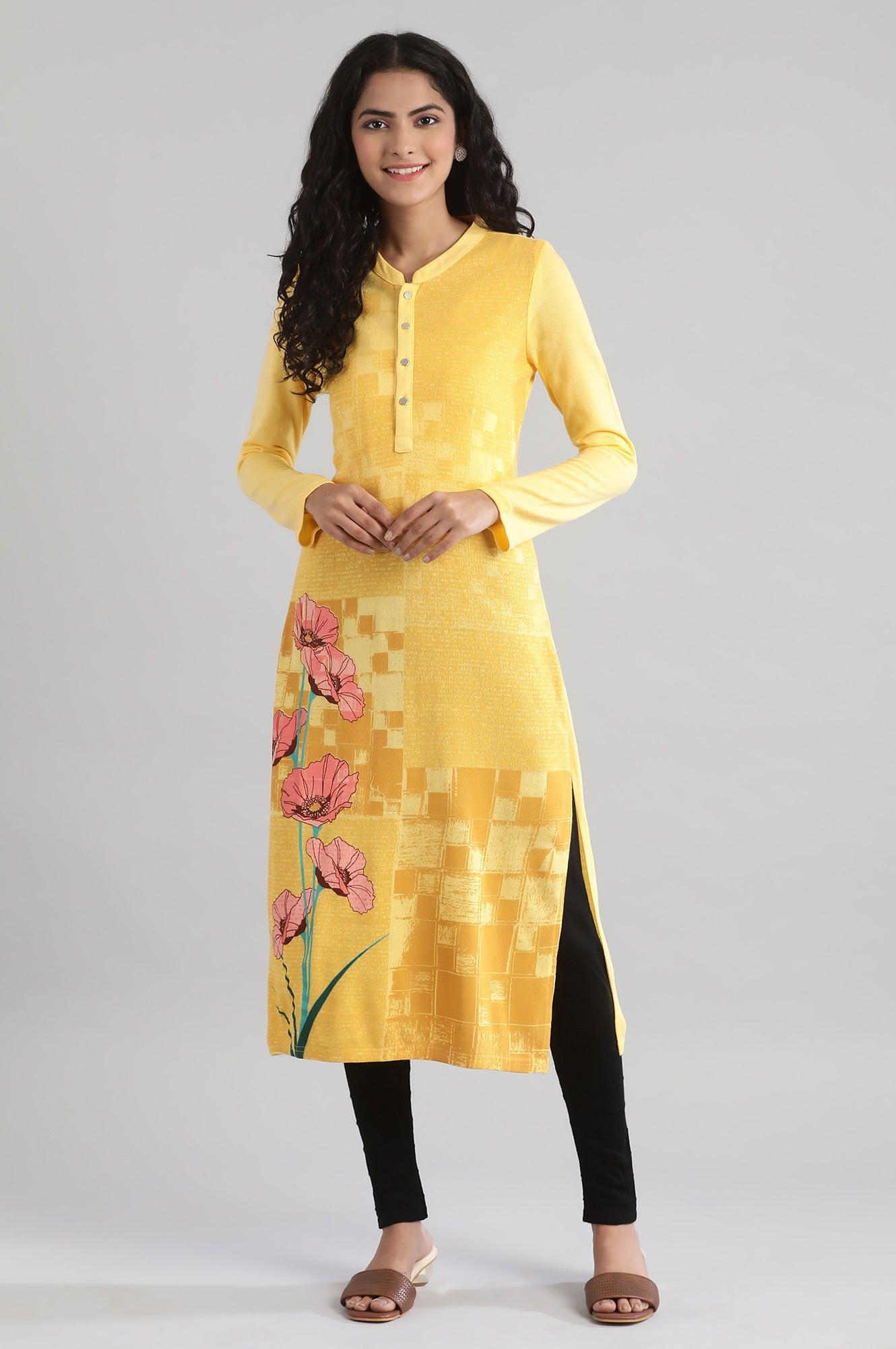 Yellow Round Neck Winter kurta