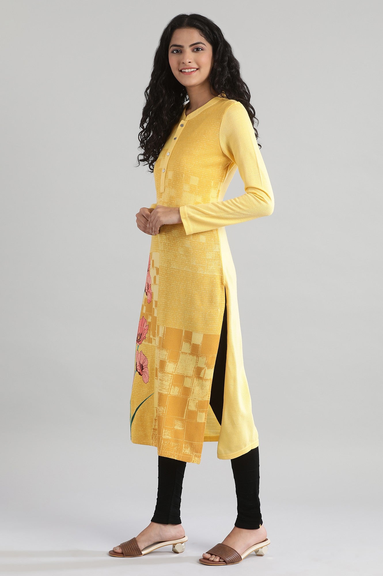 Yellow Round Neck Winter kurta