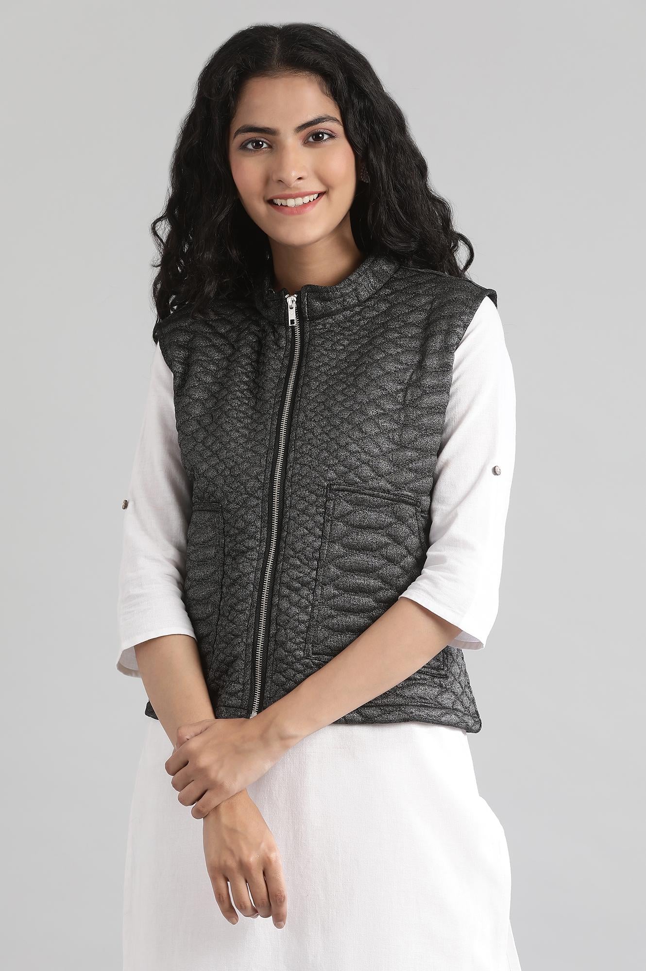 Black Collar Neck Quilted Jacket