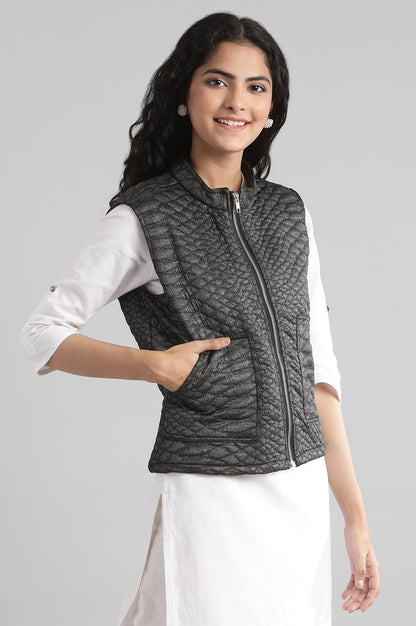 Black Collar Neck Quilted Jacket