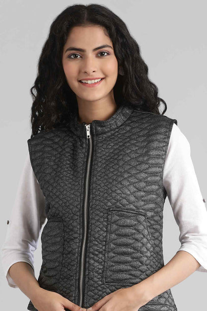 Black Collar Neck Quilted Jacket