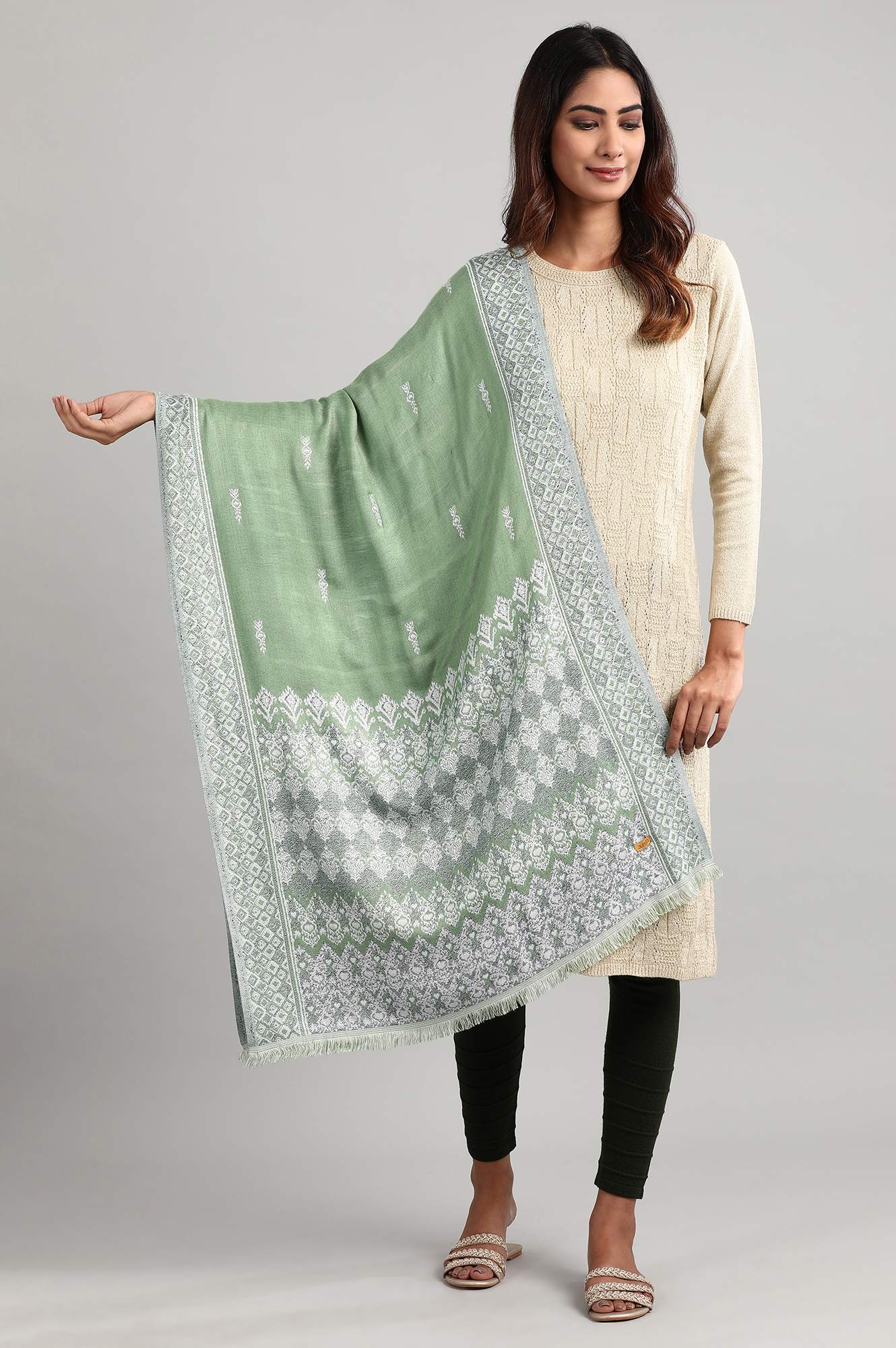 Green Woven Reversable Shawl