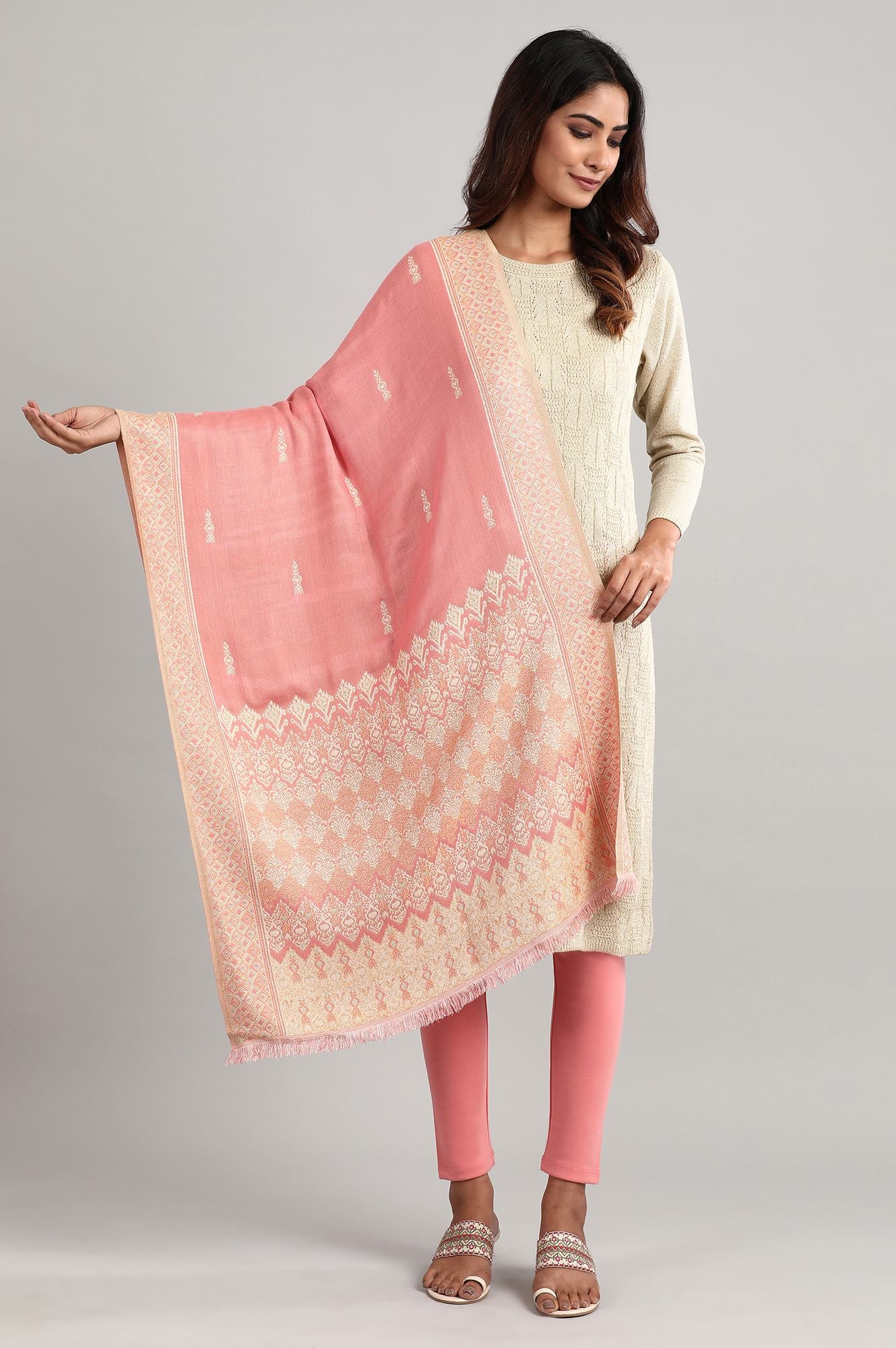 Peach-coloured Woven Reversable Shawl