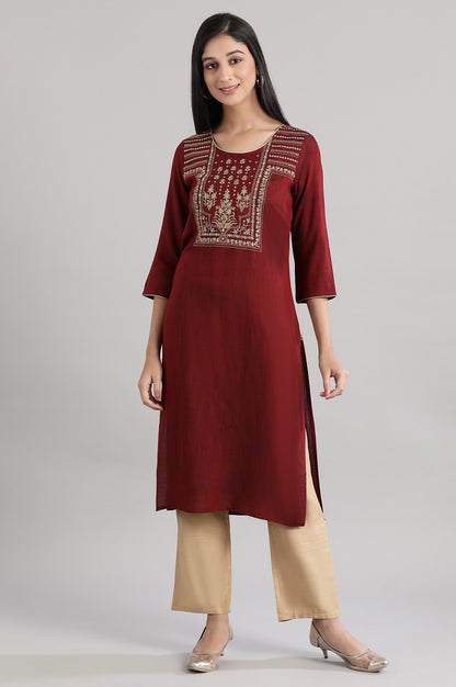 Dark Red Zari Embroidered kurta in Round Neck