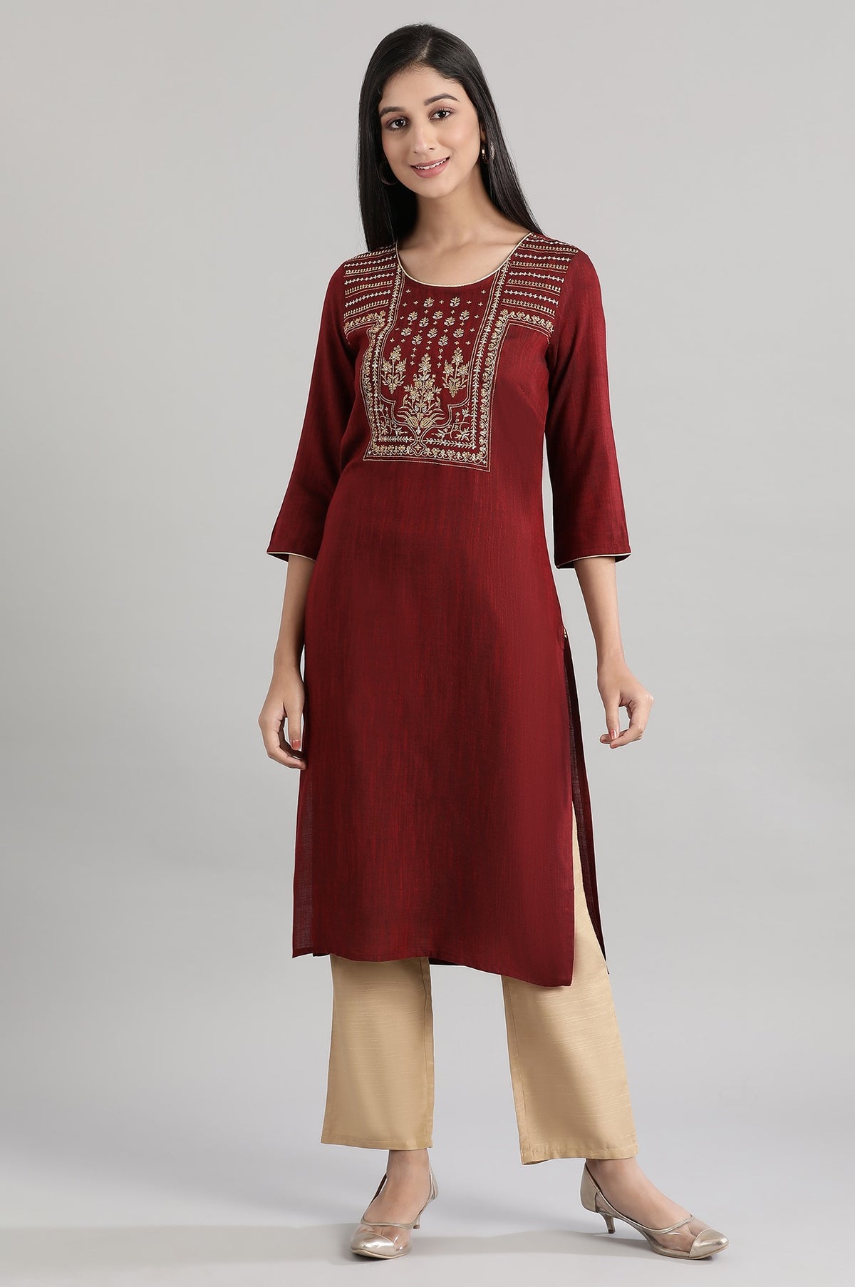 Dark Red Zari Embroidered kurta in Round Neck - XS