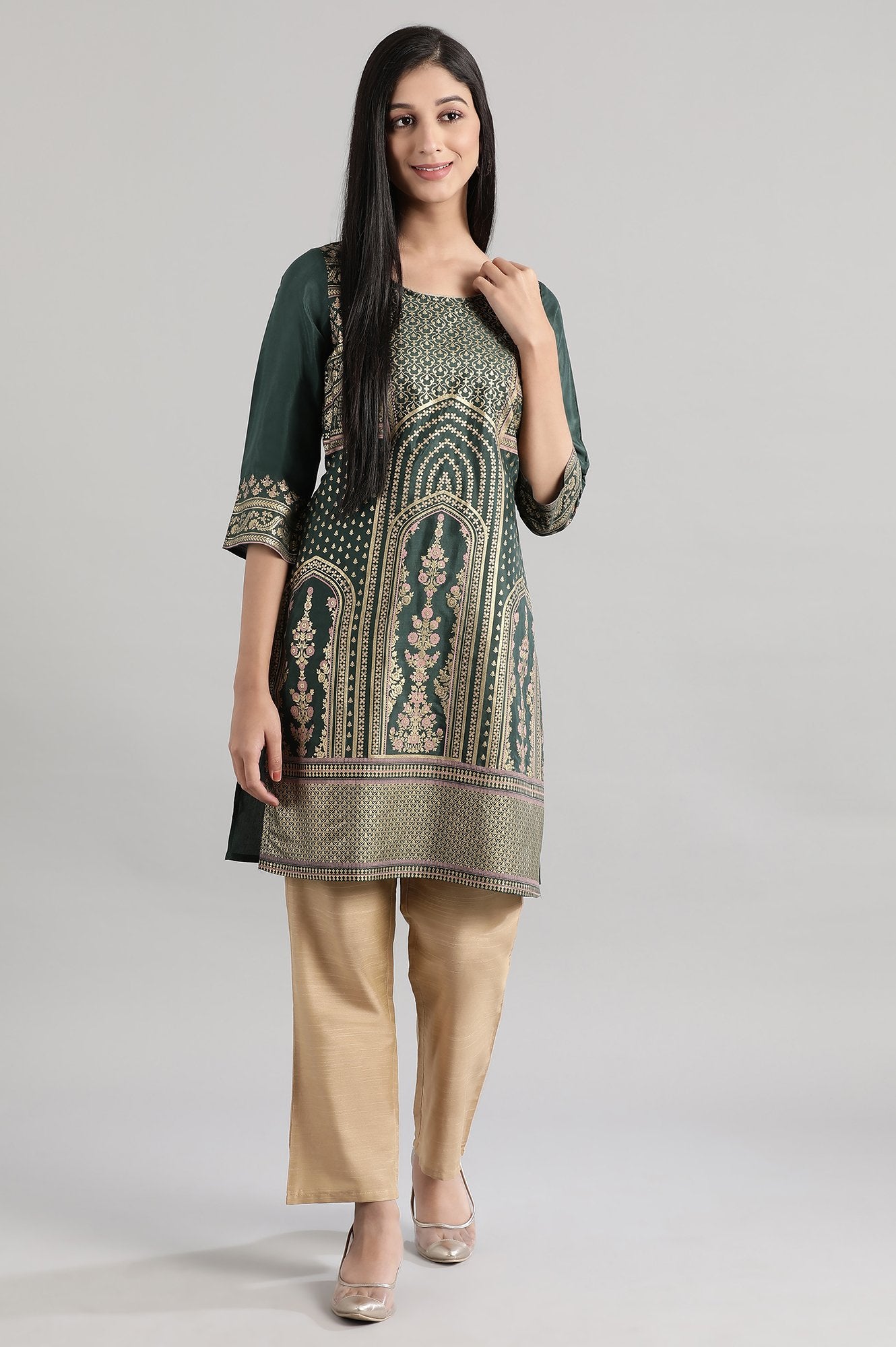 Deep Green Shantoon Printed Short kurta
