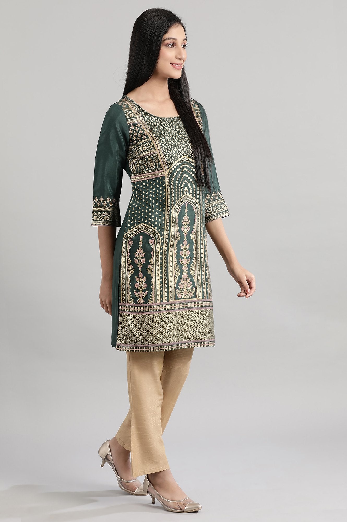 Deep Green Shantoon Printed Short kurta