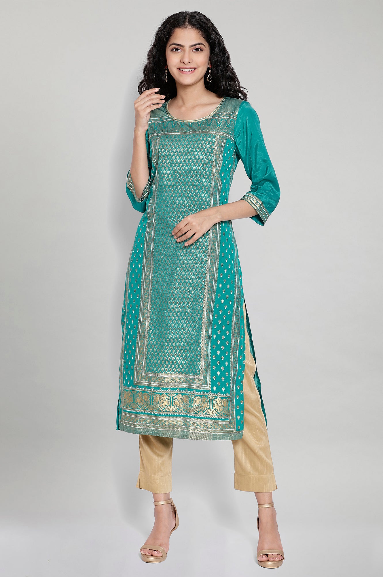 Green Round Neck Printed kurta