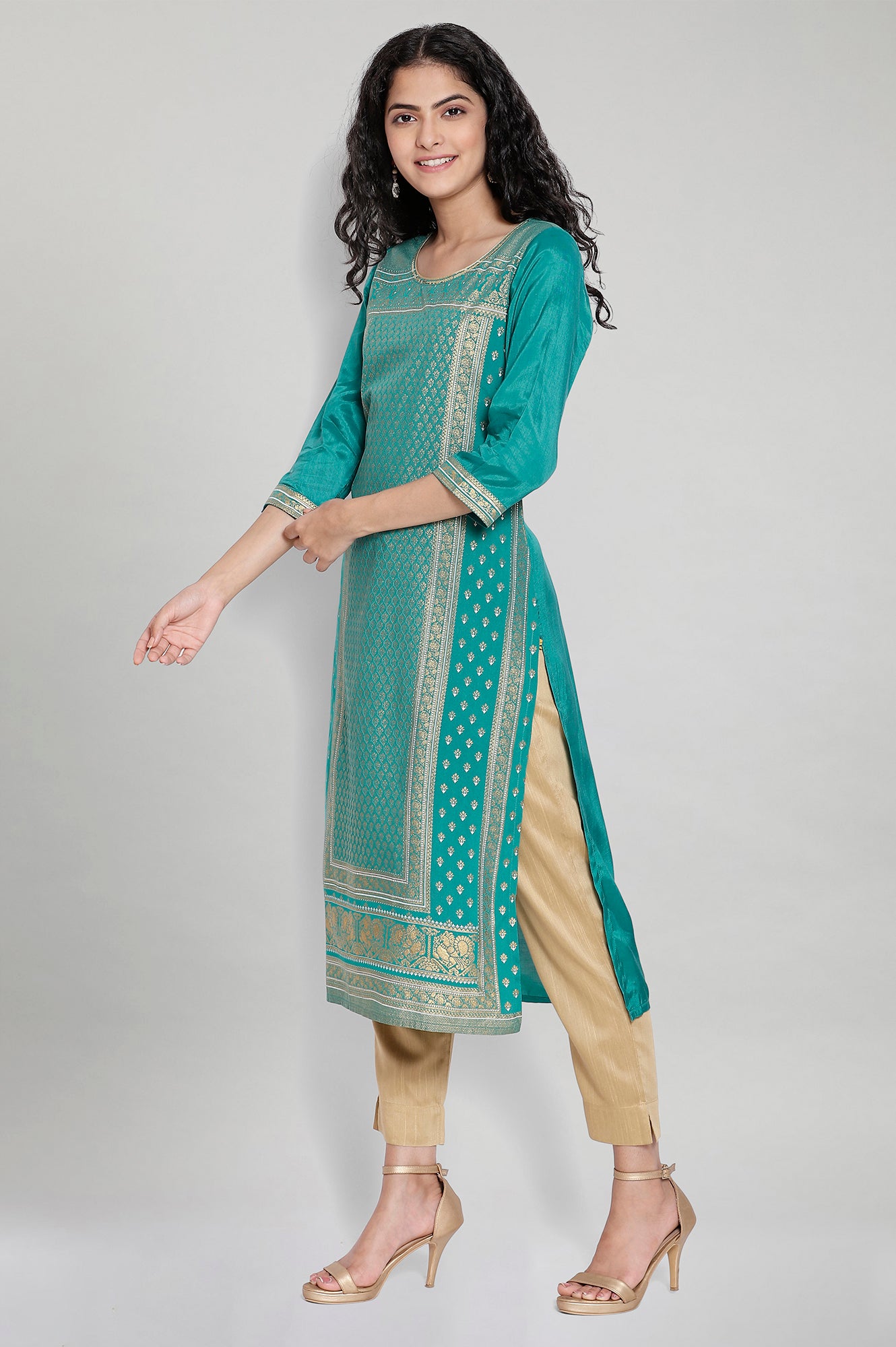 Green Round Neck Printed kurta