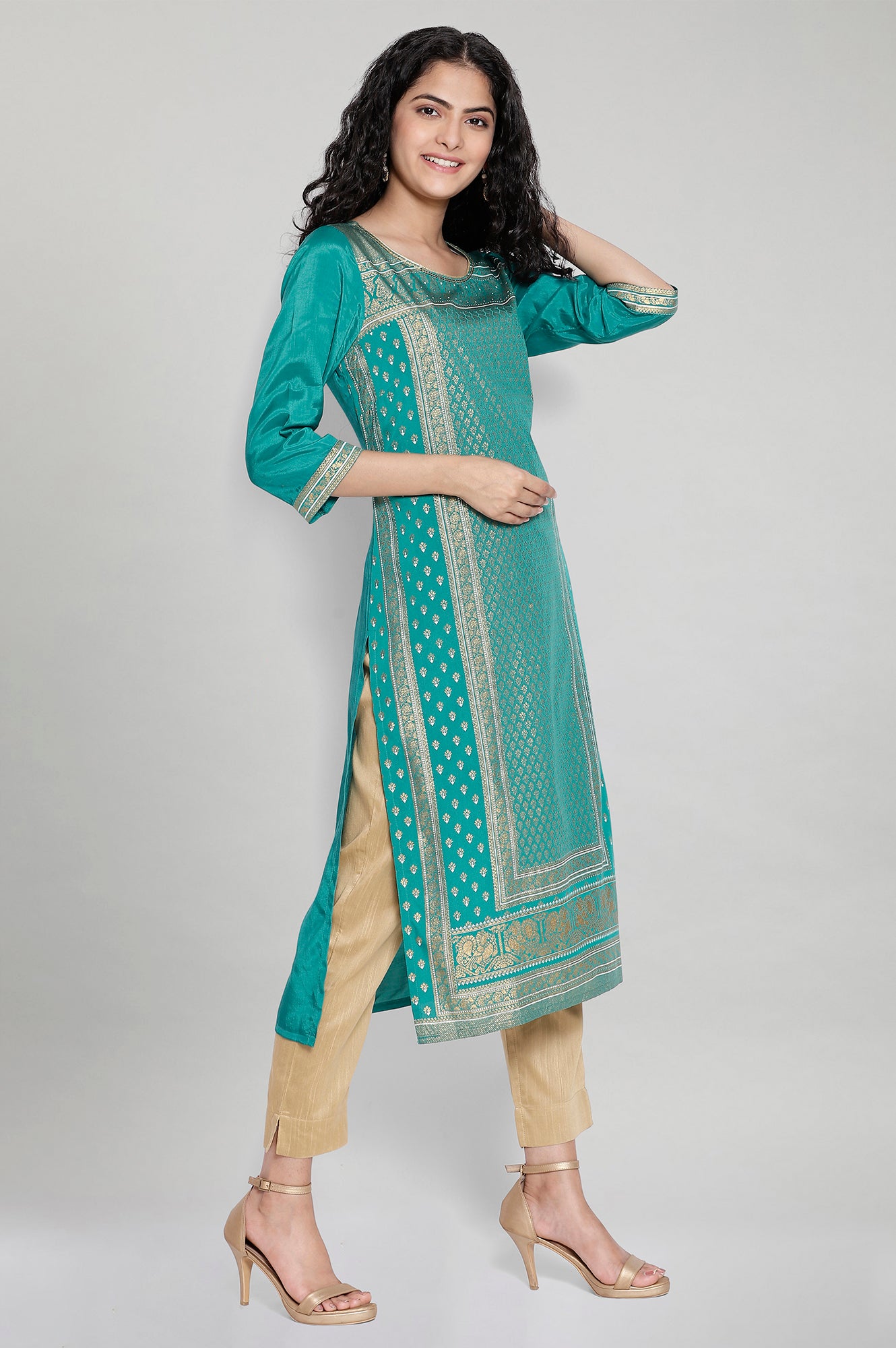 Green Round Neck Printed kurta