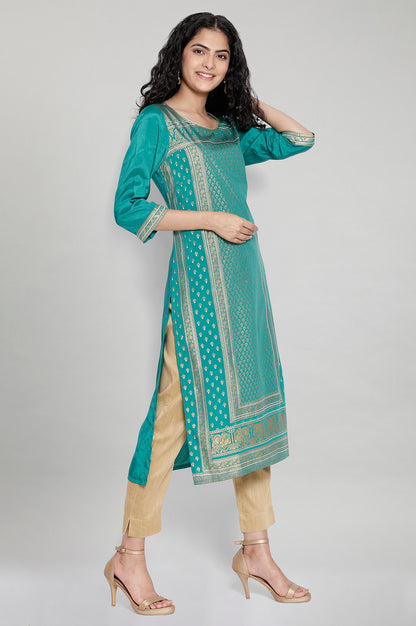 Green Round Neck Printed kurta