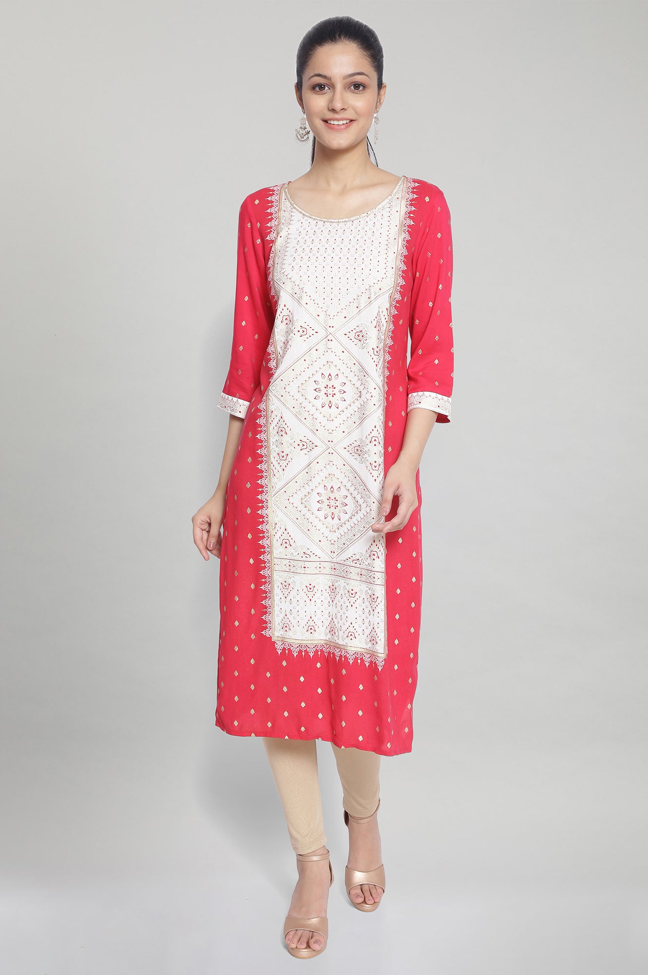 Pink Round Neck Printed kurta