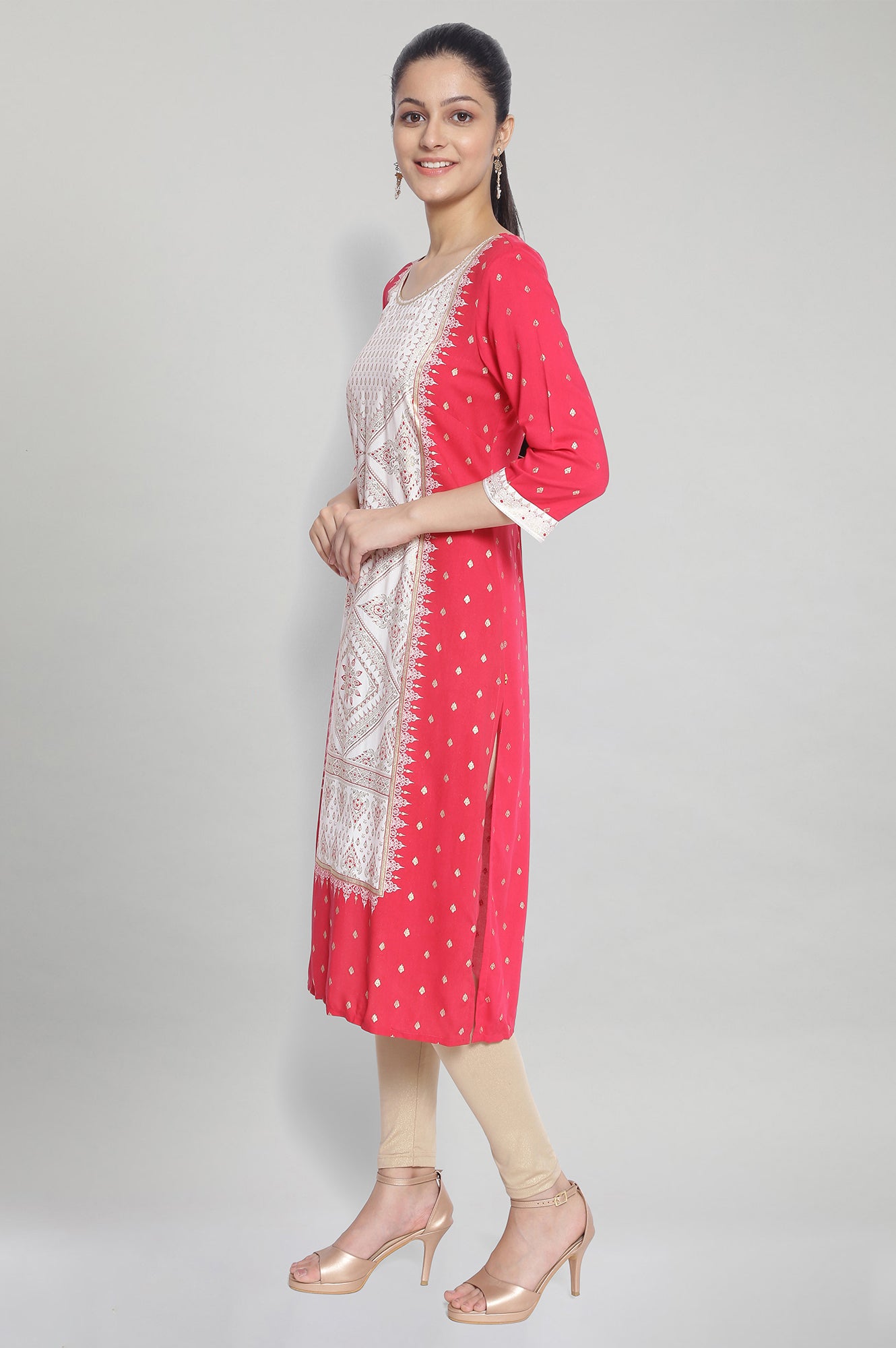 Pink Round Neck Printed kurta