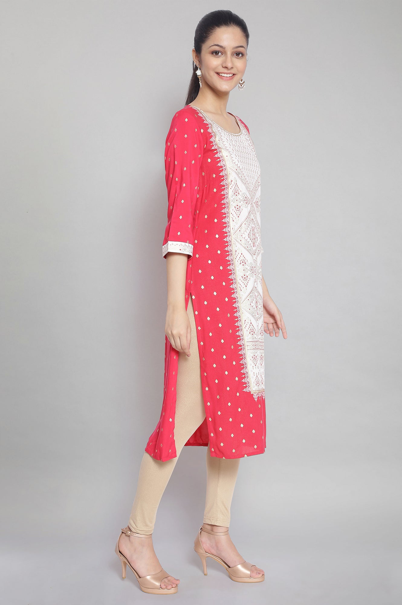 Pink Round Neck Printed kurta