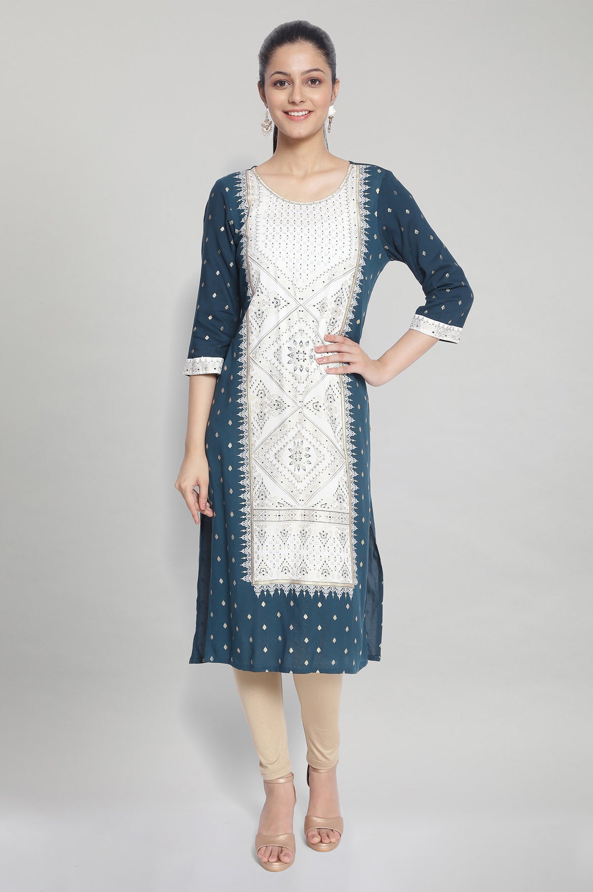 Blue Round Neck Printed kurta - S