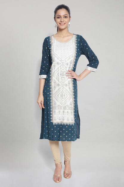 Blue Round Neck Printed kurta