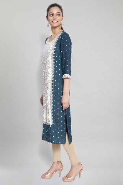 Blue Round Neck Printed kurta