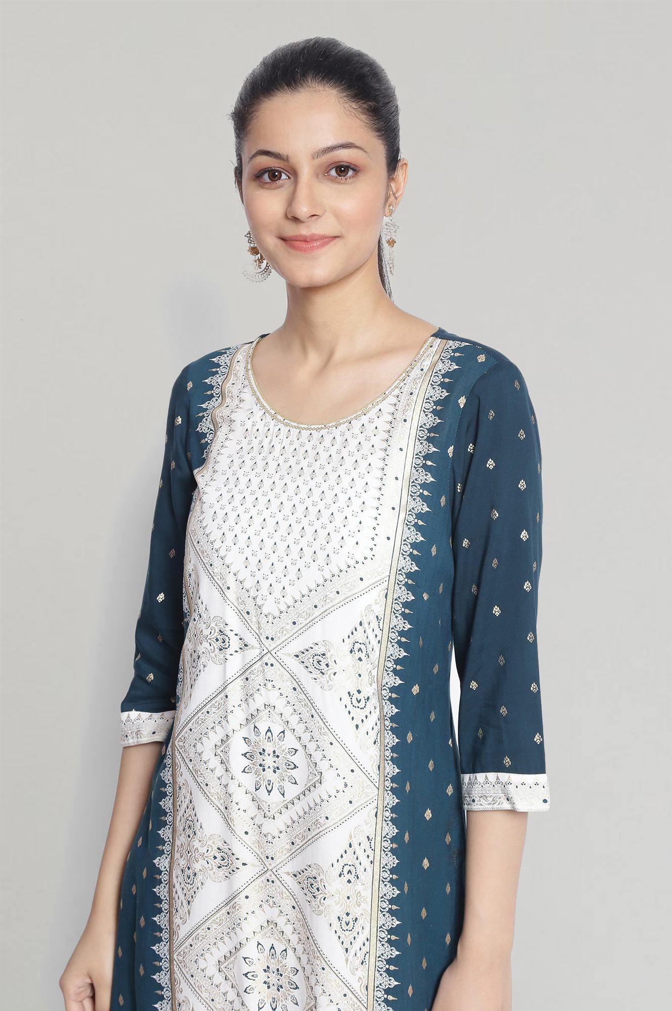 Blue Round Neck Printed kurta