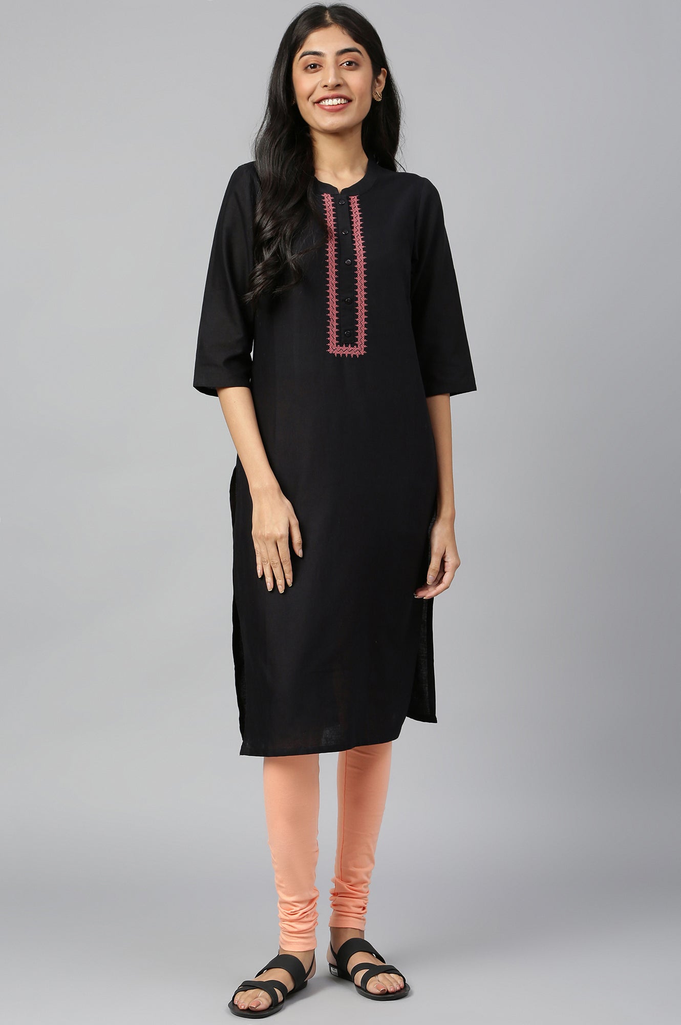 Black Mandarin Collar Solid Straight kurta