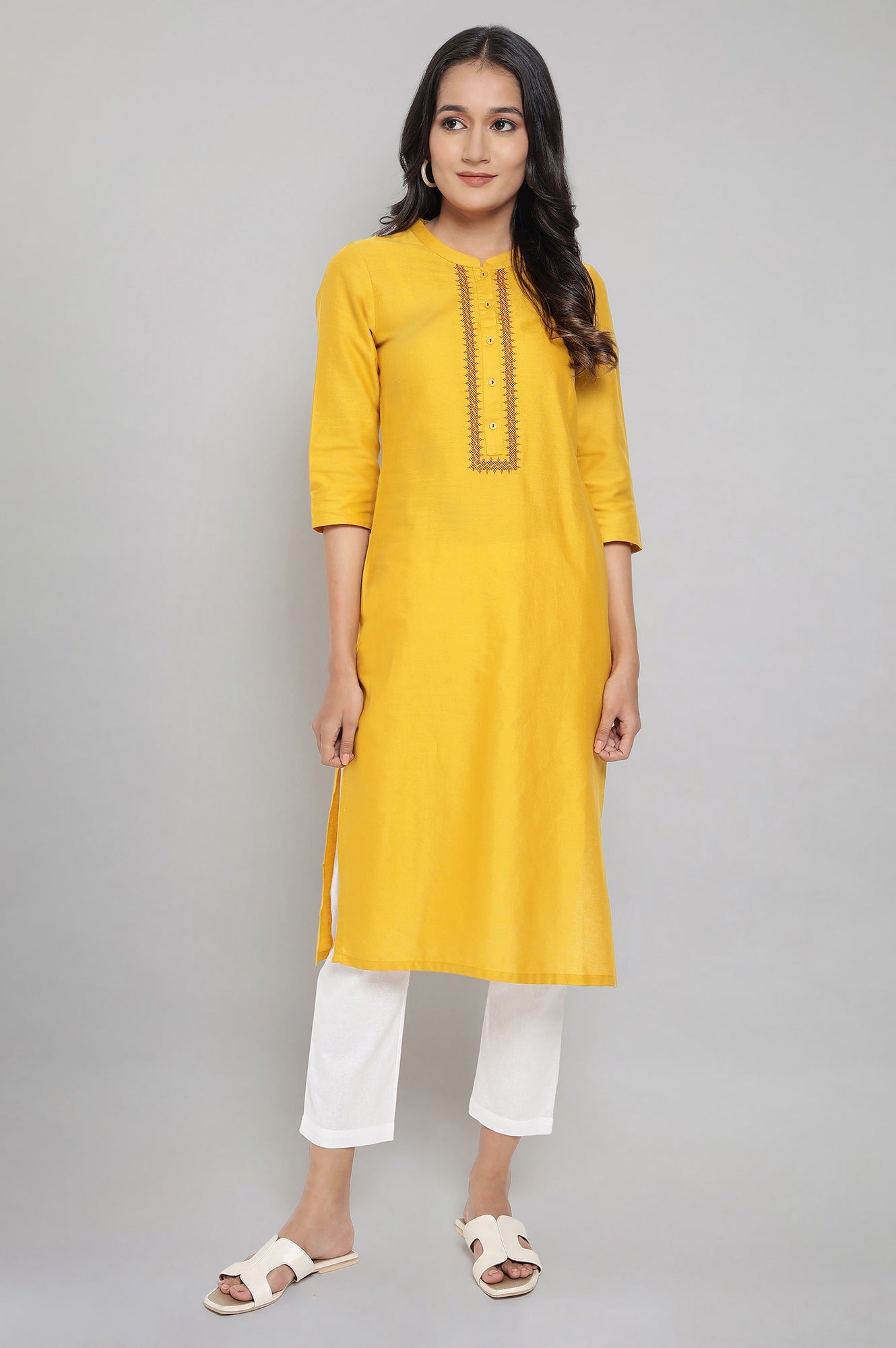 Yellow Mandarin Collar Solid Straight kurta