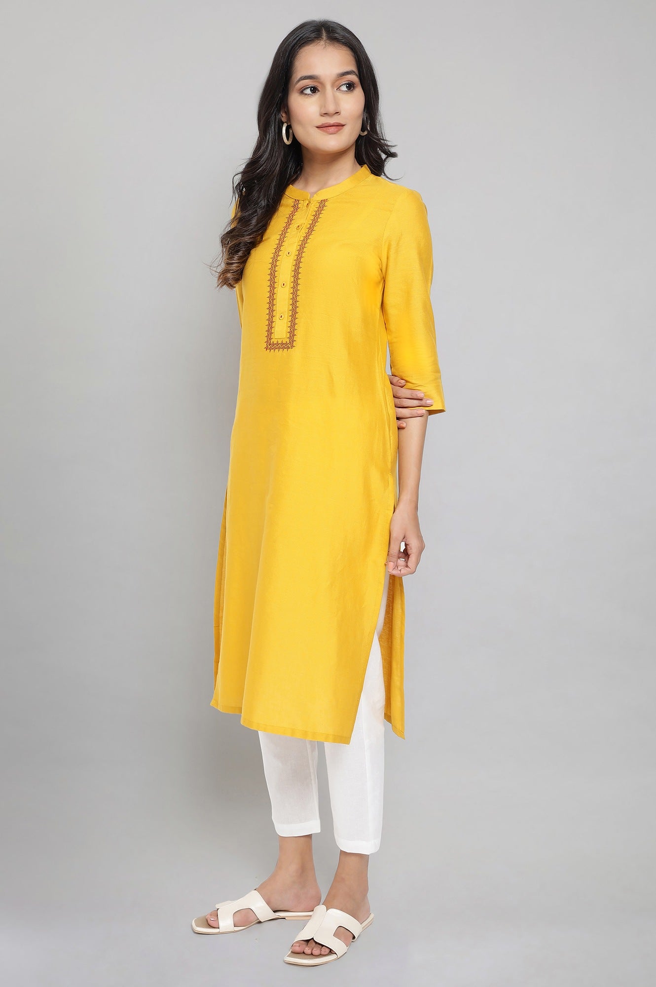 Yellow Mandarin Collar Solid Straight kurta