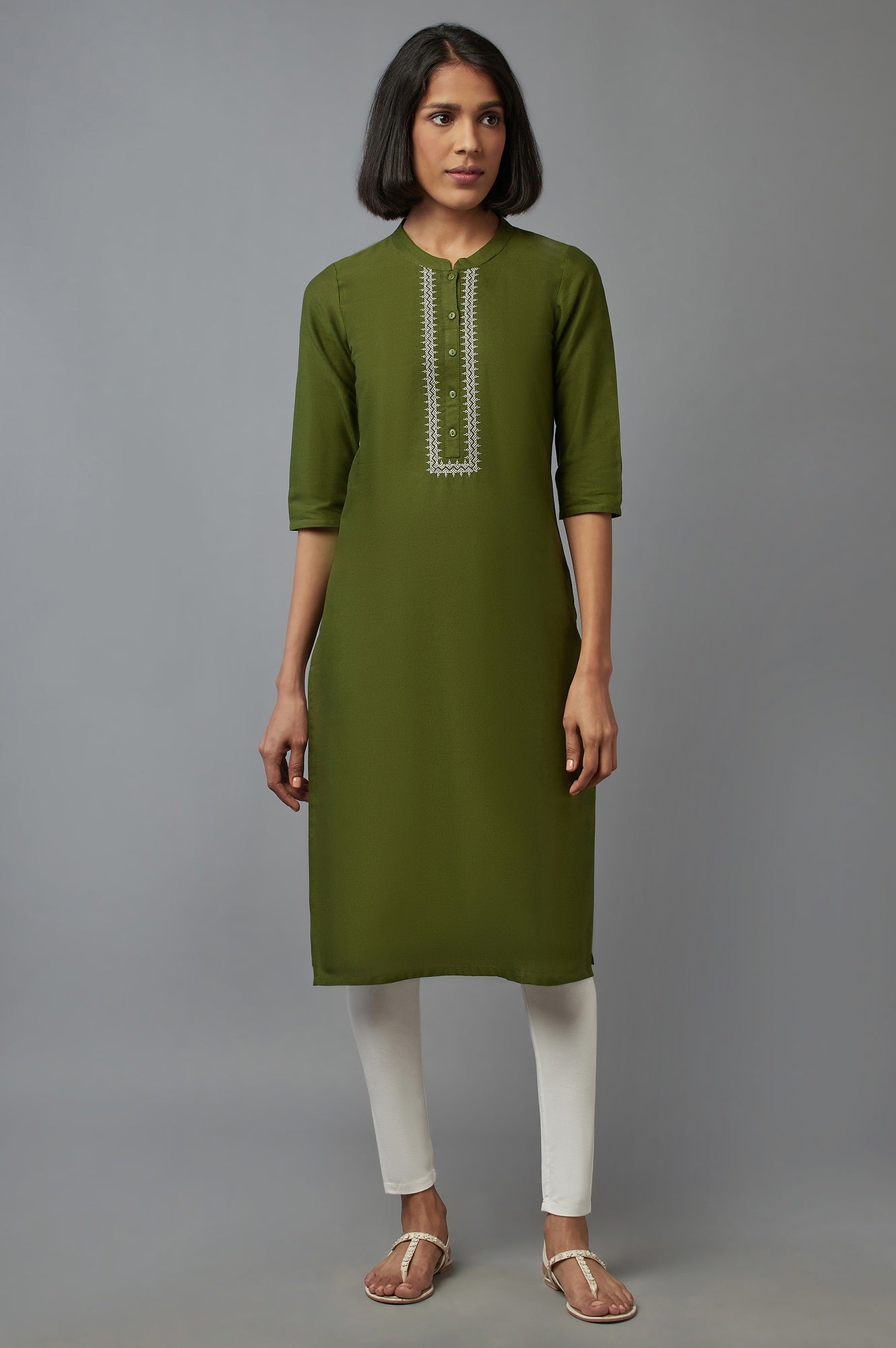 Green Mandarin Collar Solid Straight kurta