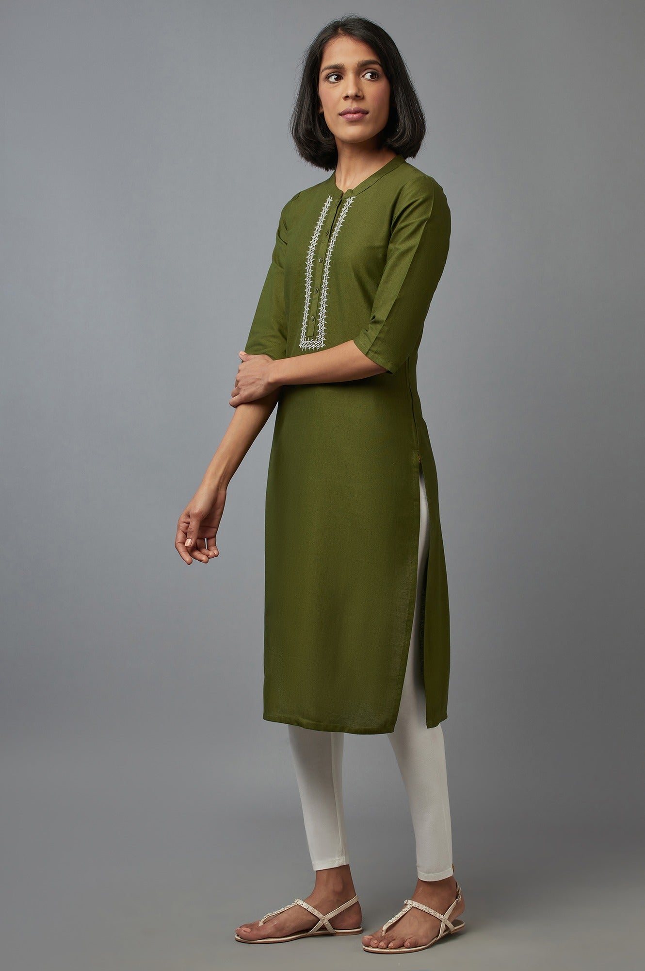 Green Mandarin Collar Solid Straight kurta