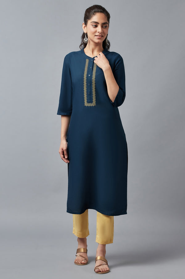 Blue Mandarin Collar Solid Straight kurta
