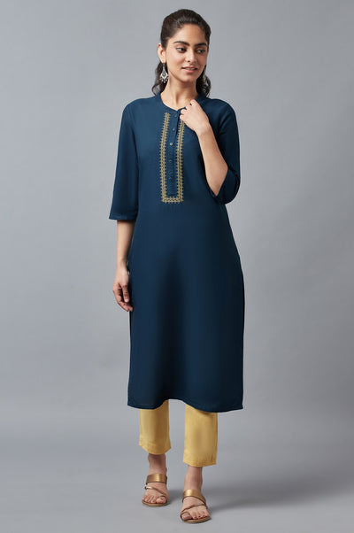 Blue Mandarin Collar Solid Straight kurta
