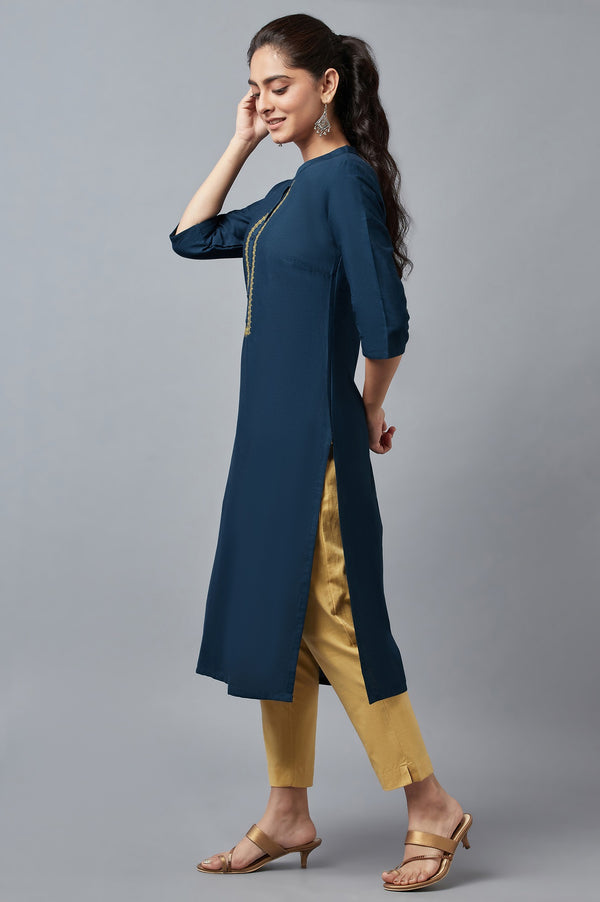 Blue Mandarin Collar Solid Straight kurta