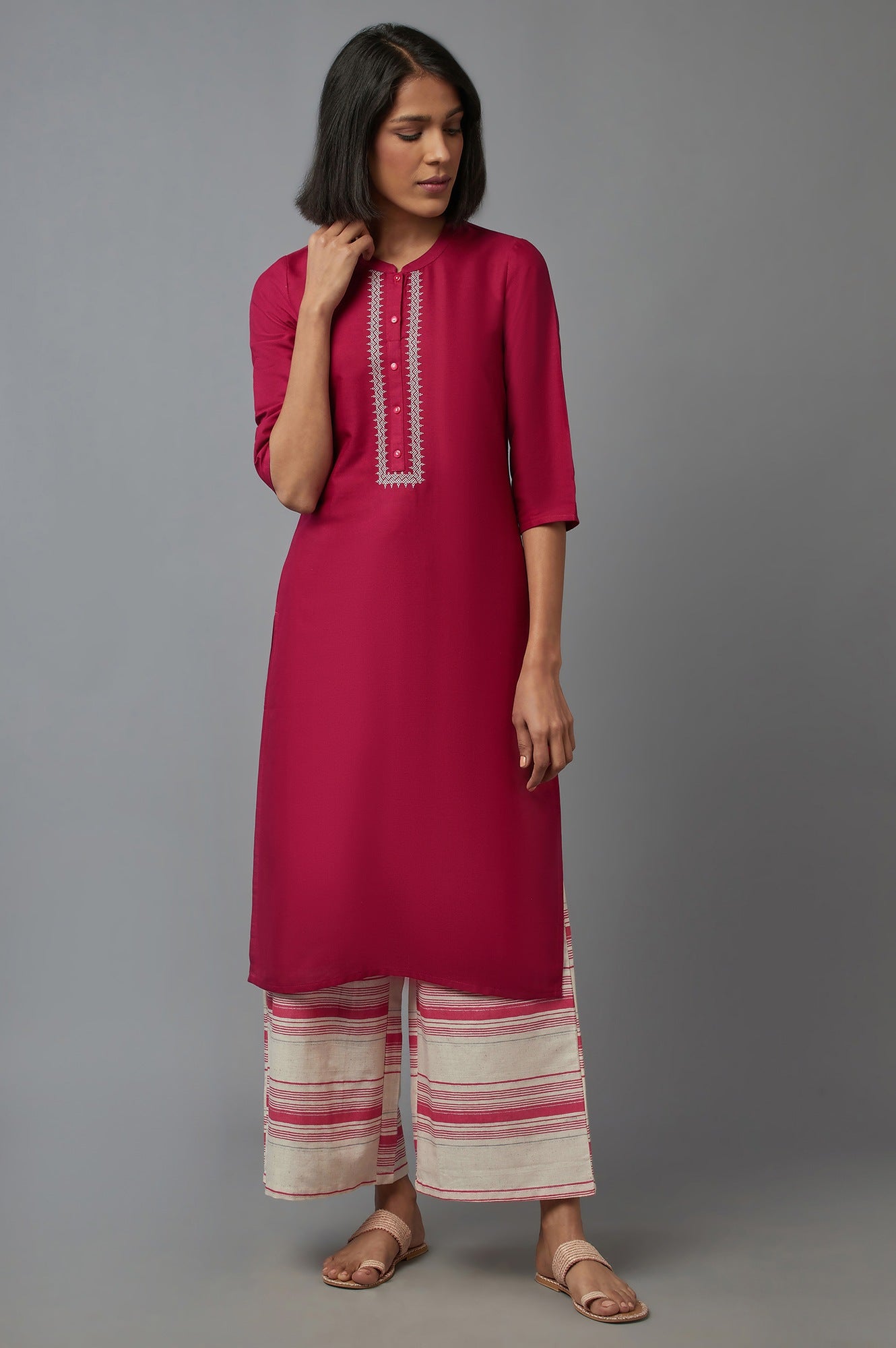 Pink Mandarin Collar Solid Straight kurta