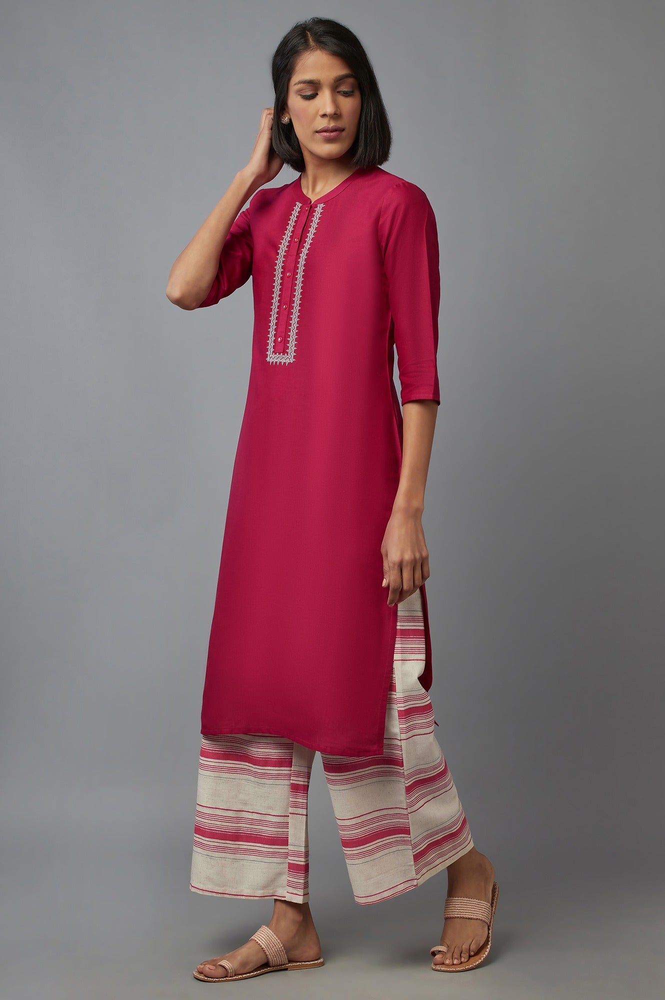 Pink Mandarin Collar Solid Straight kurta