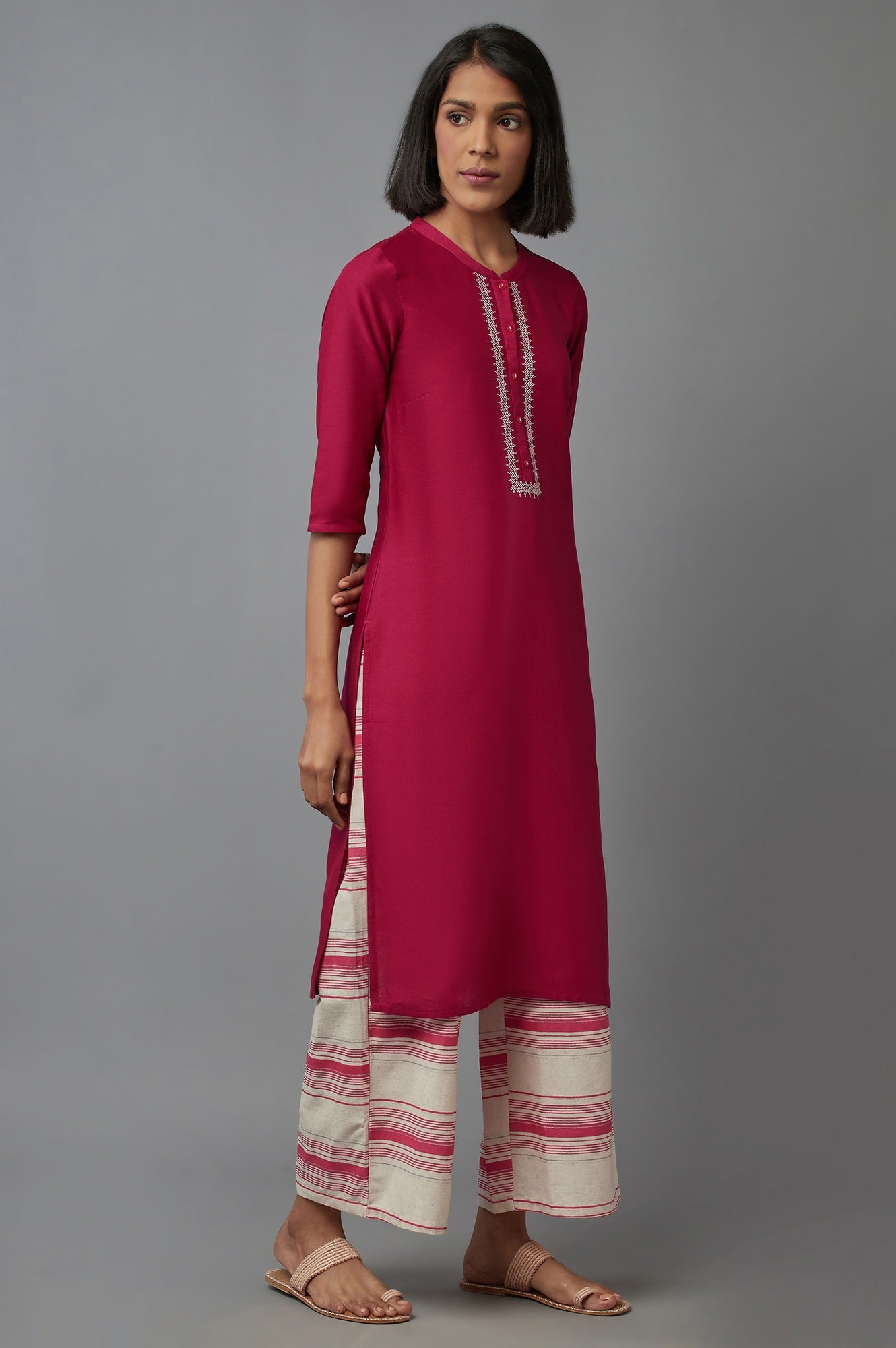 Pink Mandarin Collar Solid Straight kurta