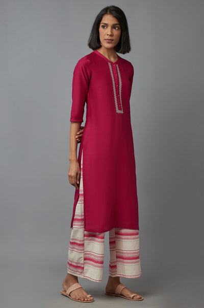 Pink Mandarin Collar Solid Straight kurta