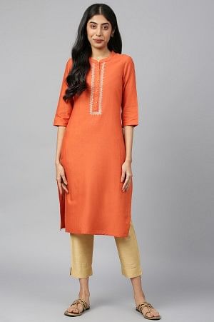 Orange Mandarin Collar Solid Straight kurta