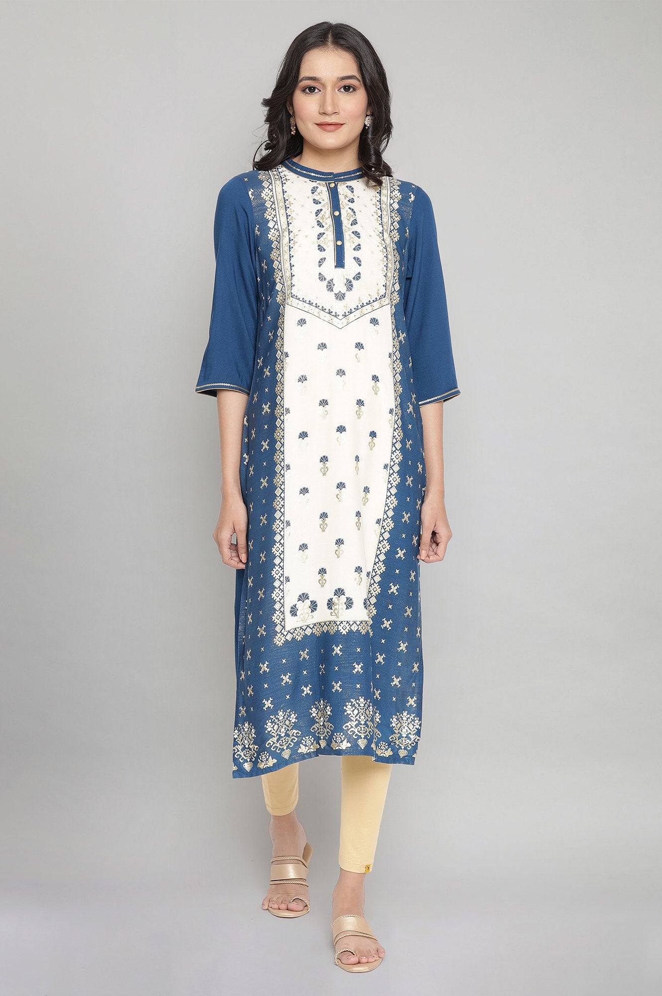 Blue Mandarin Collar Foil Print Straight kurta