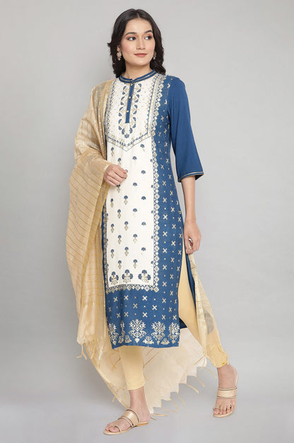 Blue Mandarin Collar Foil Print Straight kurta