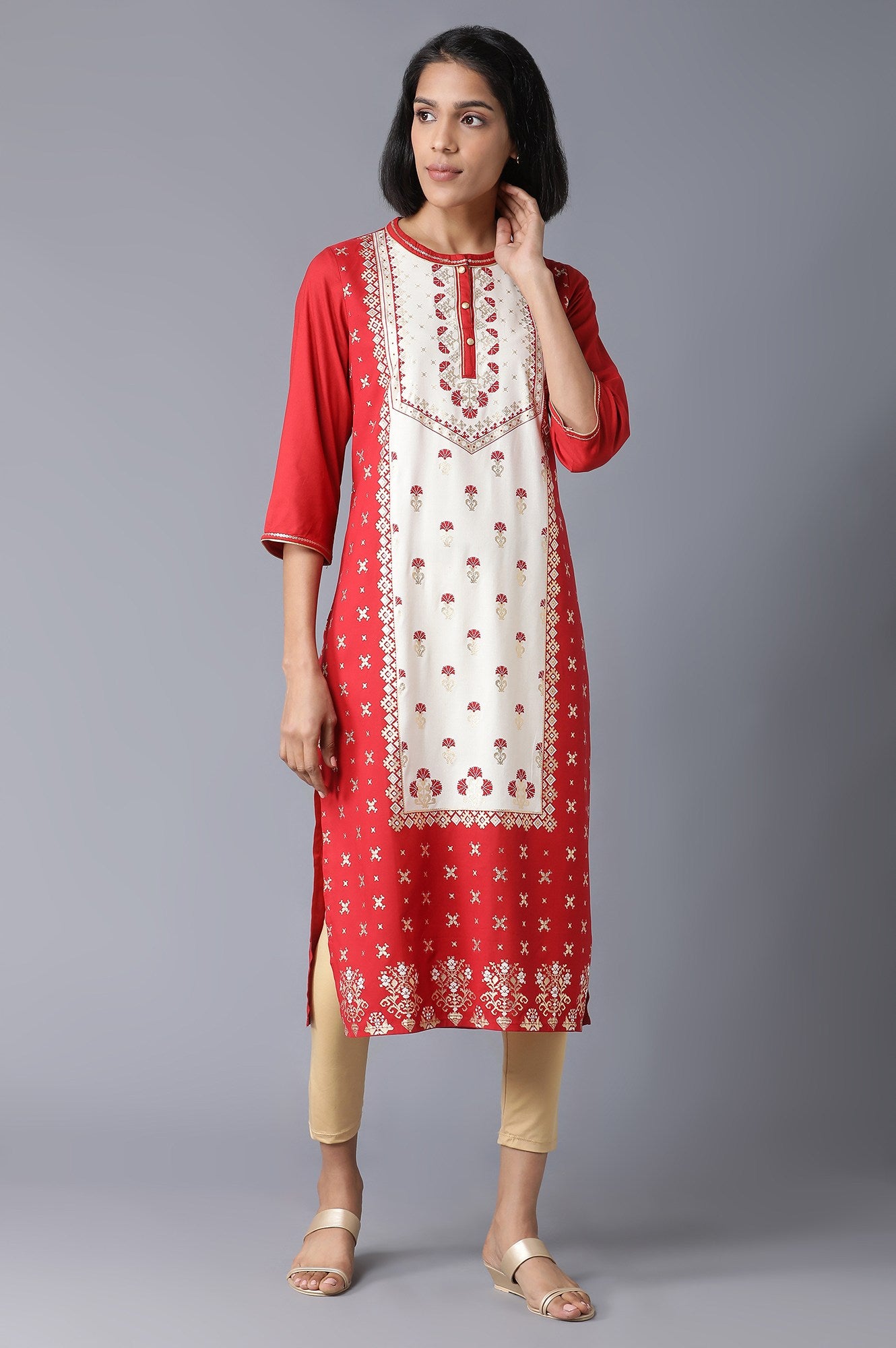 Red Mandarin Collar Foil Print kurta