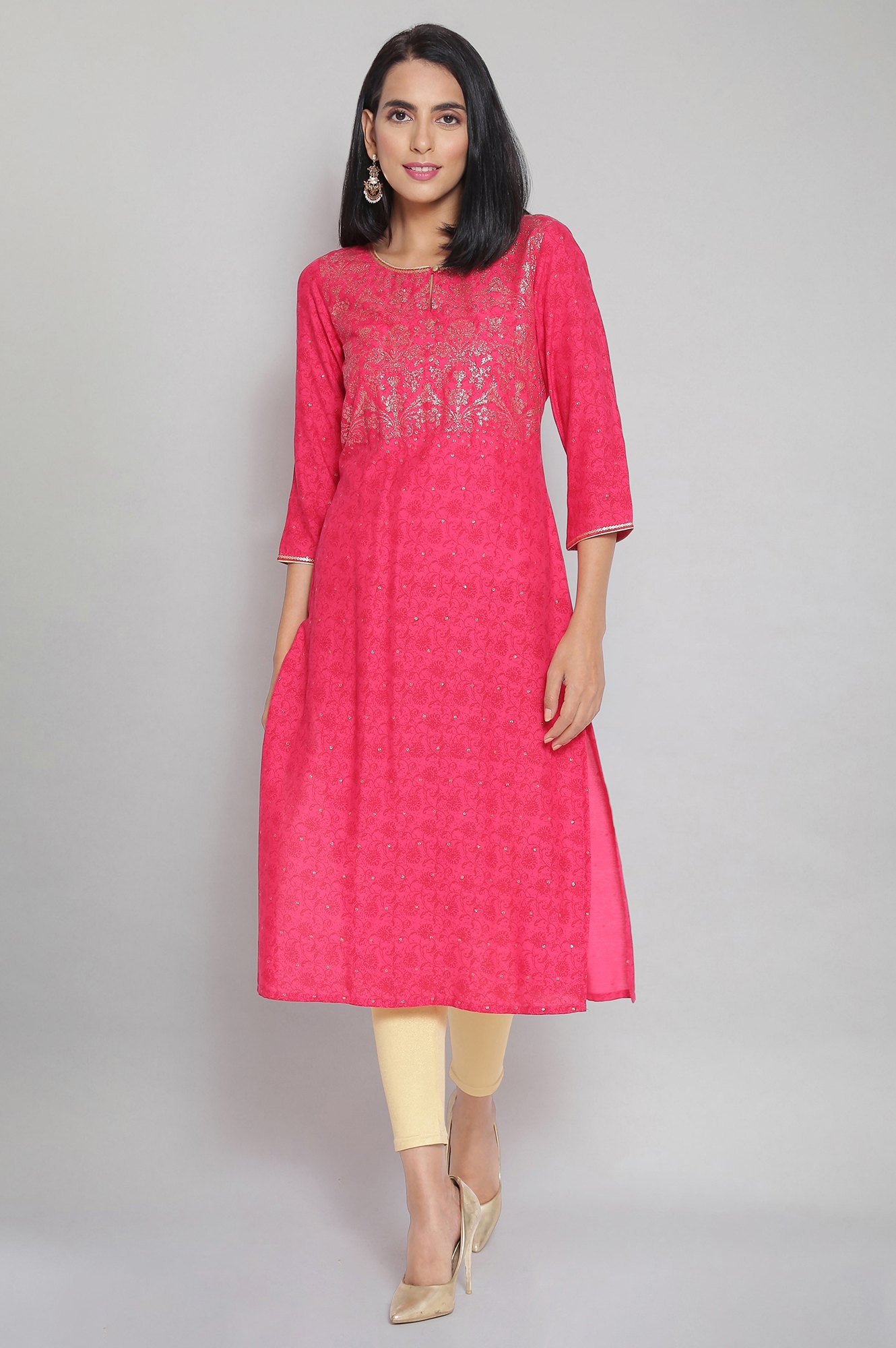 Pink Round Neck Printed Straight kurta