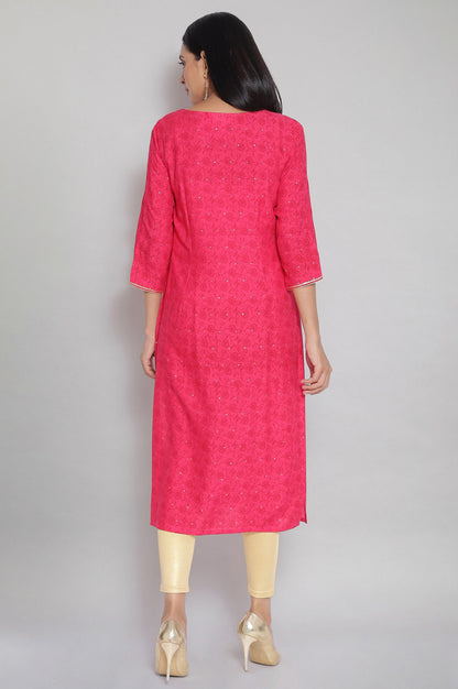 Pink Round Neck Printed Straight kurta